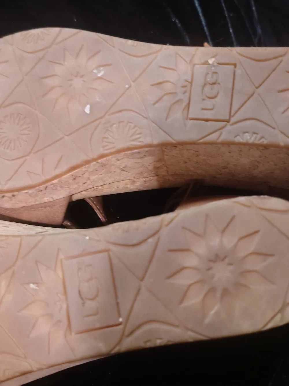 UGG Tan Cork Wedge Sandals with Ankle Tassels